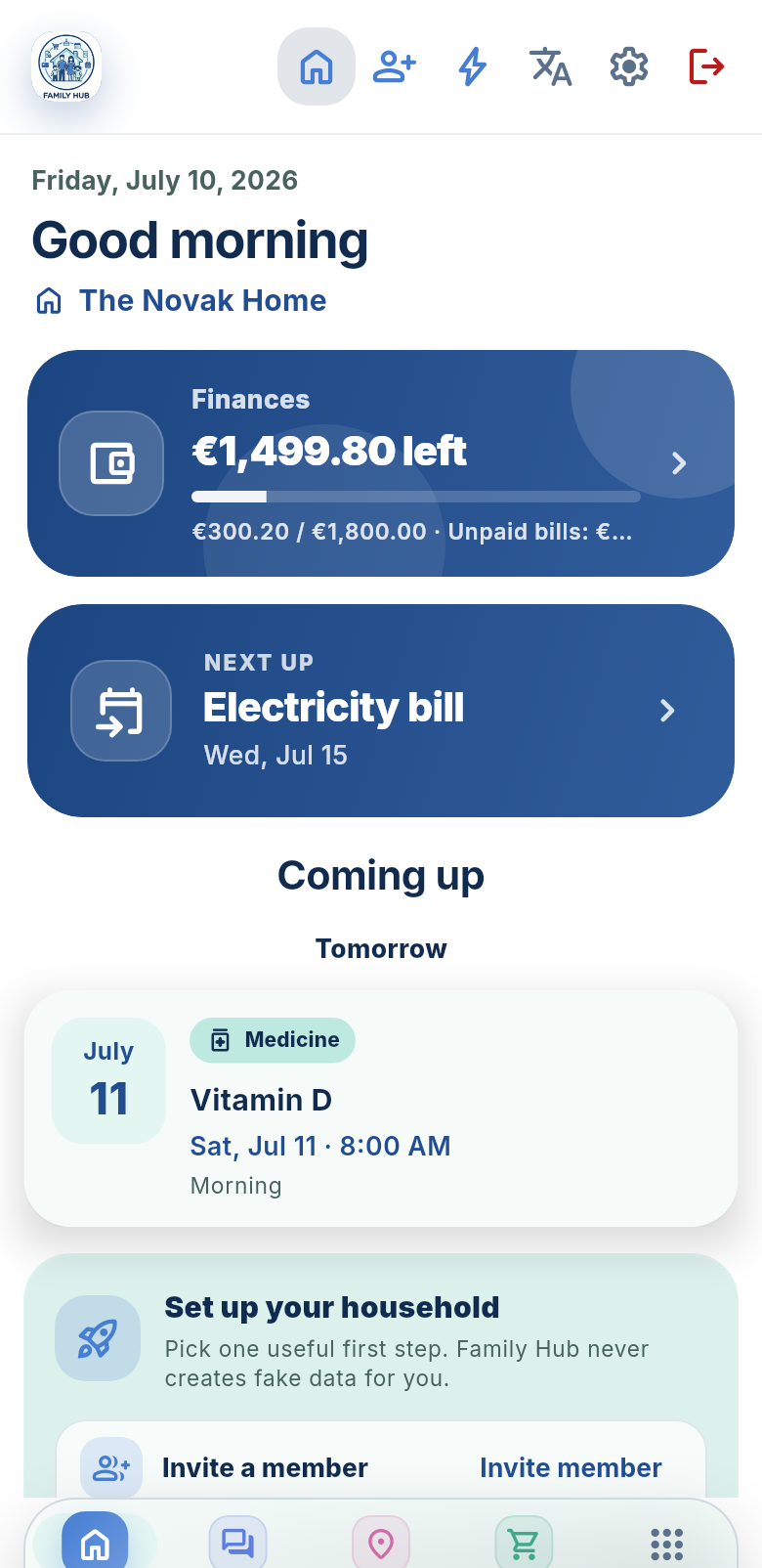Family Hub home dashboard showing finances and upcoming household items
